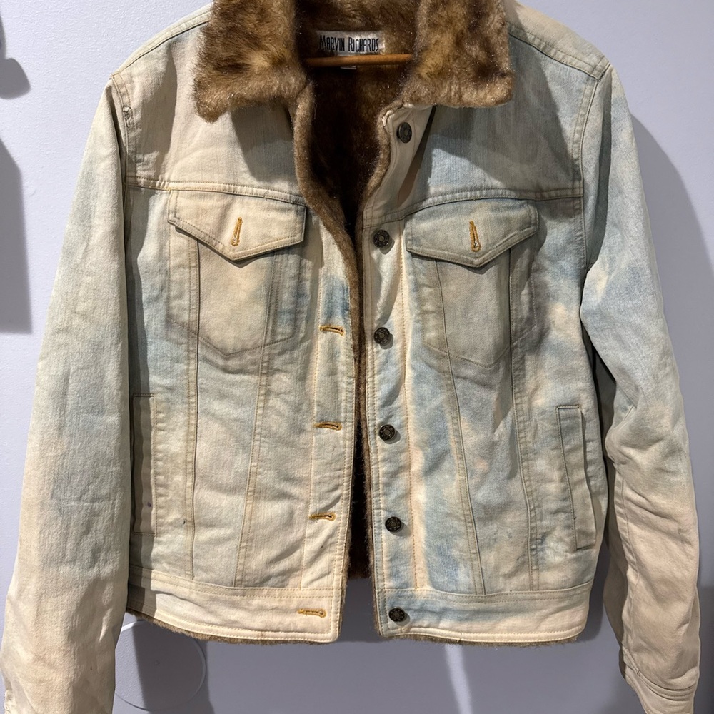 VINTAGE Marvin Richards Jacket Medium Denim Faux Fur Lined Coat Distressed